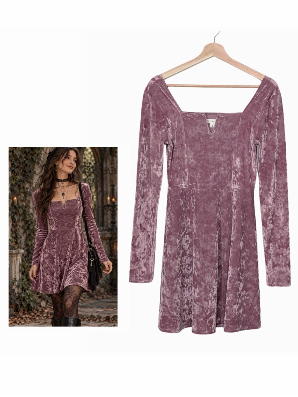 Aeropostale Mauve Crushed Velvet Long Sleeve Fit & Flare Mini Dress Whimsygoth